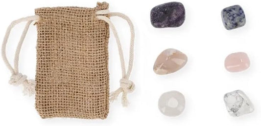 NATURAL HEALING CRYSTAL SET WITH ROSE QUARTZ, LEPIDOLITE, SODALITE, HOWLITE, CLEAR QUARTZ AND SAKURA AGATE – ANTI-STRESS COLLECTION