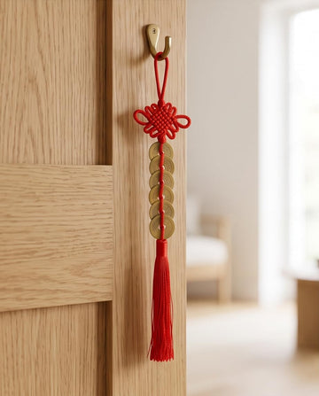 LAVERNE Feng Shui Chinese Coins Hanger with Mystic Knot & Red Tassel – Brass Success & Prosperity Coins Hanging Ornament for Wealth, Good Luck & Protection