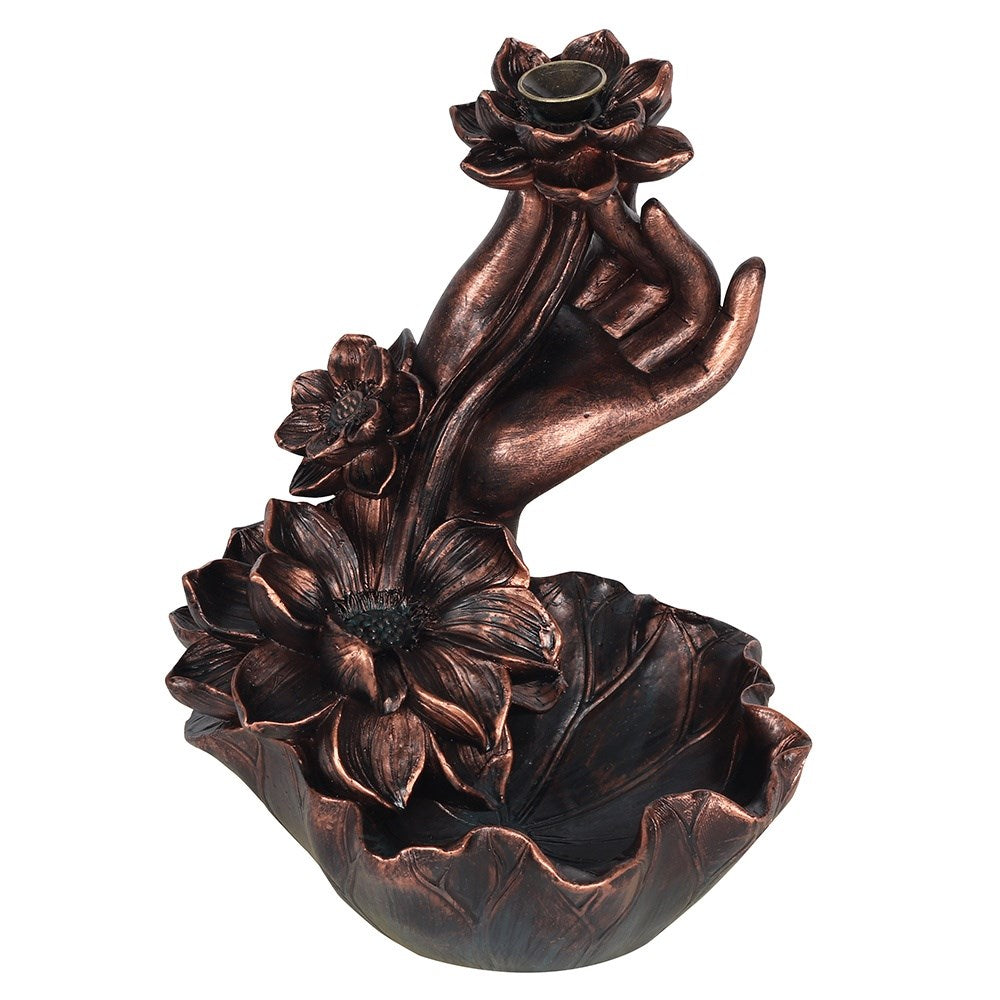 BRONZE EFFECT HAND WITH FLOWER BACKFLOW INCENSE BURNER