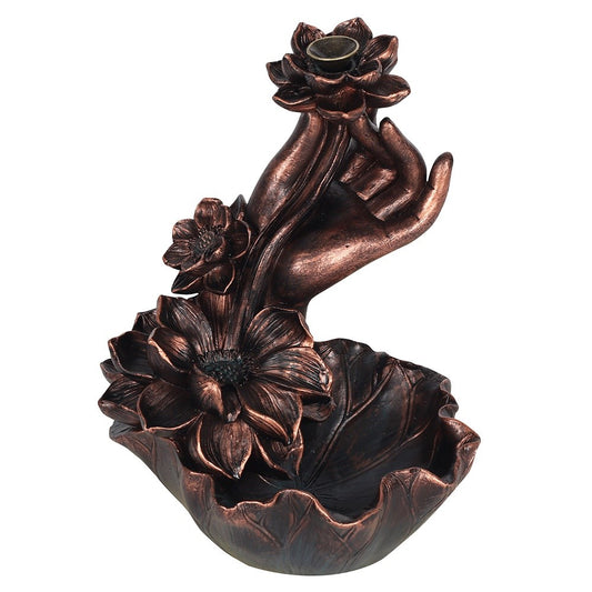 BRONZE EFFECT HAND WITH FLOWER BACKFLOW INCENSE BURNER