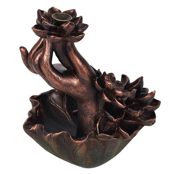 BRONZE EFFECT HAND WITH FLOWER BACKFLOW INCENSE BURNER