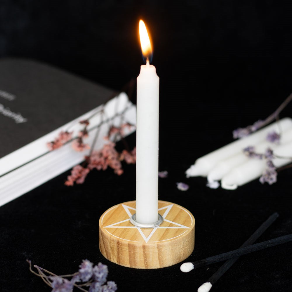 NATURAL WOODEN PENTAGRAM SPELL CANDLE HOLDER