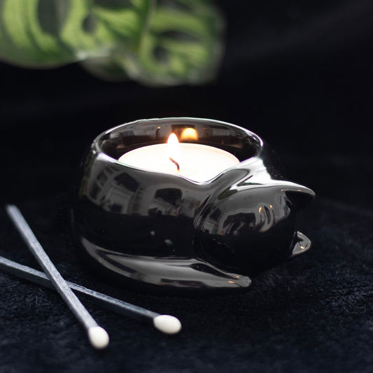 BLACK CAT CERAMIC TEALIGHT CANDLE HOLDER