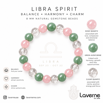LAVERNE Libra Zodiac Bracelet – 8mm Natural Rose Quartz, Green Aventurine & Clear Quartz Beads – Stretch Crystal Energy Astrology Bracelet for Men and Women