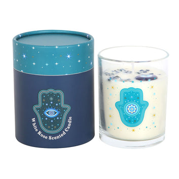HAND OF HAMSA WHITE ROSE CANDLE WITH CRYSTALS