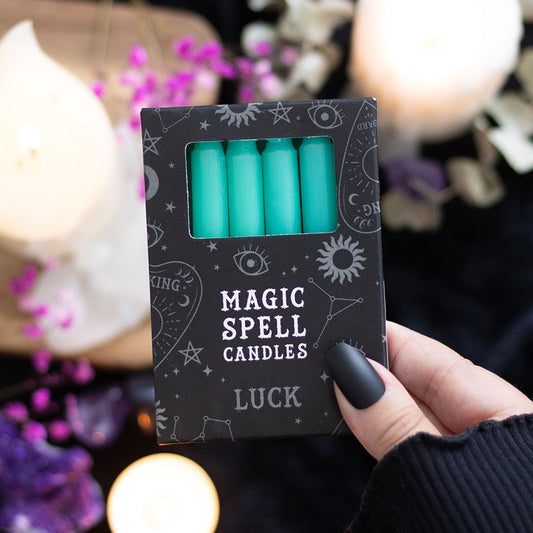 PACK OF 12 GREEN 'LUCK' SPELL CANDLES
