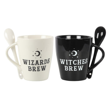 WITCH AND WIZARD COUPLES MUG AND SPOON SET