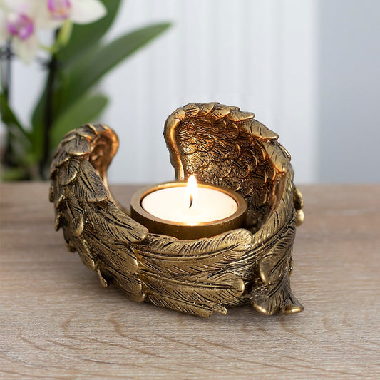 ANTIQUE GOLD ANGEL WING TEALIGHT CANDLE HOLDER