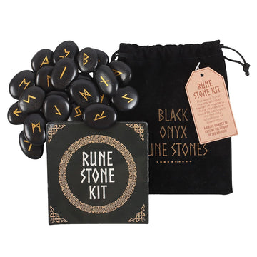 SET OF 25 BLACK OBSIDIAN VIKING RUNE STONES