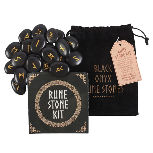 SET OF 25 BLACK OBSIDIAN VIKING RUNE STONES