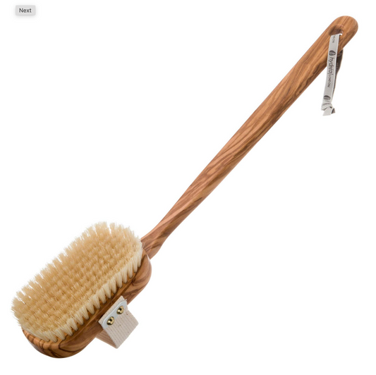 HYDREA LONDON PREMIUM OLIVE WOOD WET & DRY BODY BRUSH WITH LONG DETACHABLE HANDLE + NATURAL BRISTLE