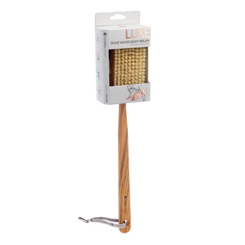 HYDREA LONDON PREMIUM OLIVE WOOD WET & DRY BODY BRUSH WITH LONG DETACHABLE HANDLE + NATURAL BRISTLE