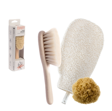 HYDREA LONDON BABY BLISS BED + BATH NEWBORN GIFT SET – BABY BRUSH + SEA SPONGE + BAMBOO WASH MITT