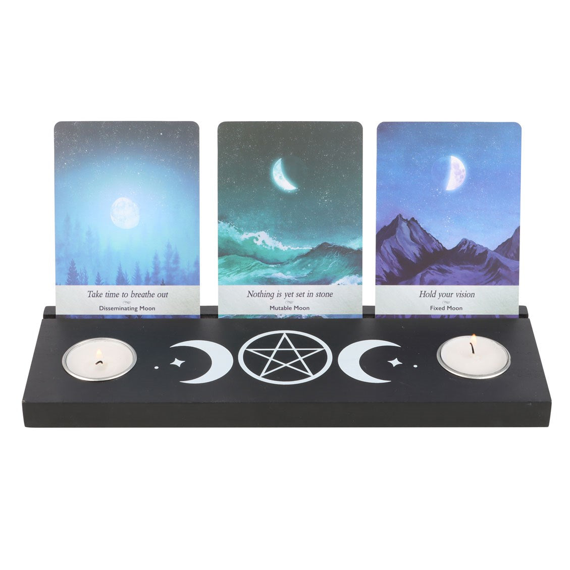 BLACK TRIPLE MOON TAROT CARD STAND TEALIGHT HOLDER