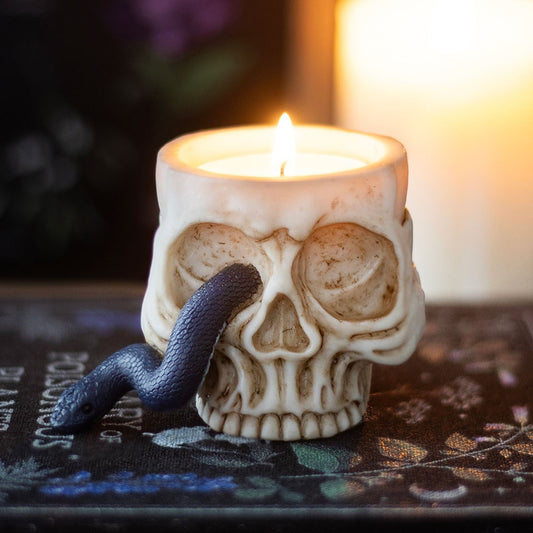 SKULL TEALIGHT HOLDER WITH SNAKE